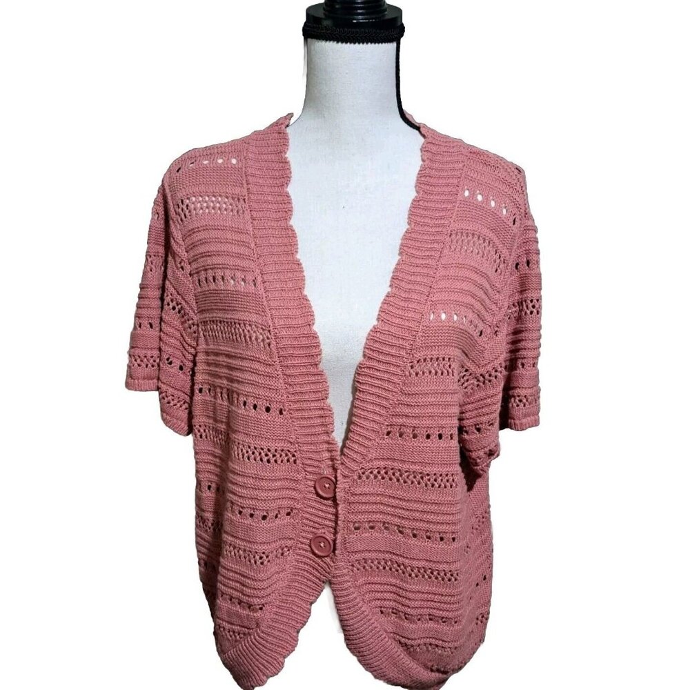Denim & Co Shrug Cropped Cardigan Short Sleeve Mauve Pink Size Large Button Up